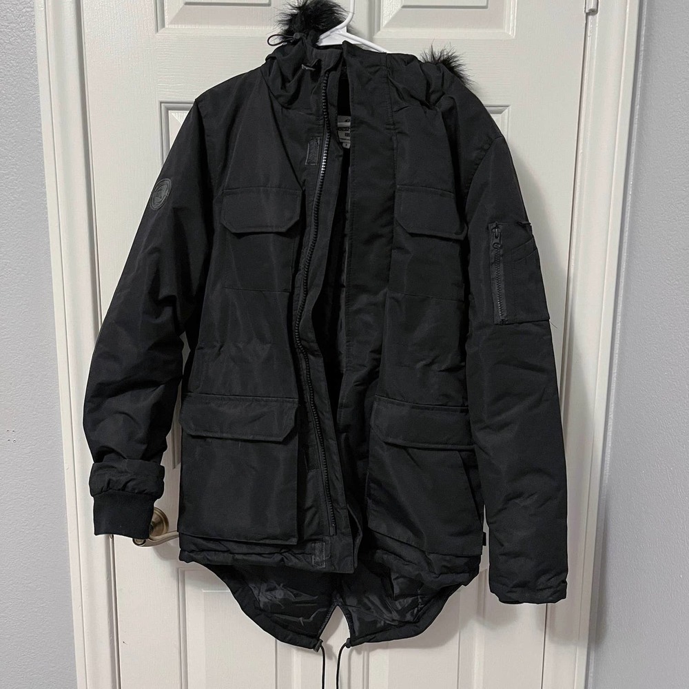 Bellfield Revolve Nimrod Black Parka with Faux Fur Trim Hood - Small